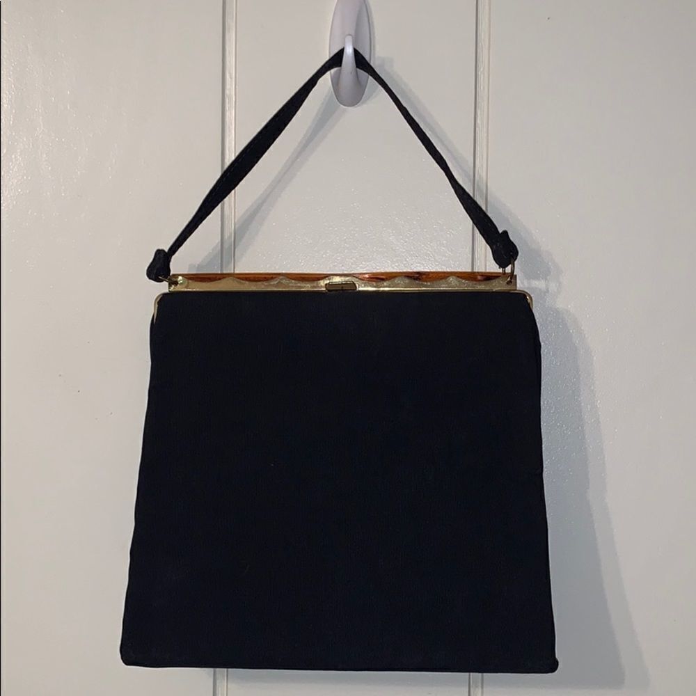 Vtg Dover black cloth satchel snap top purse